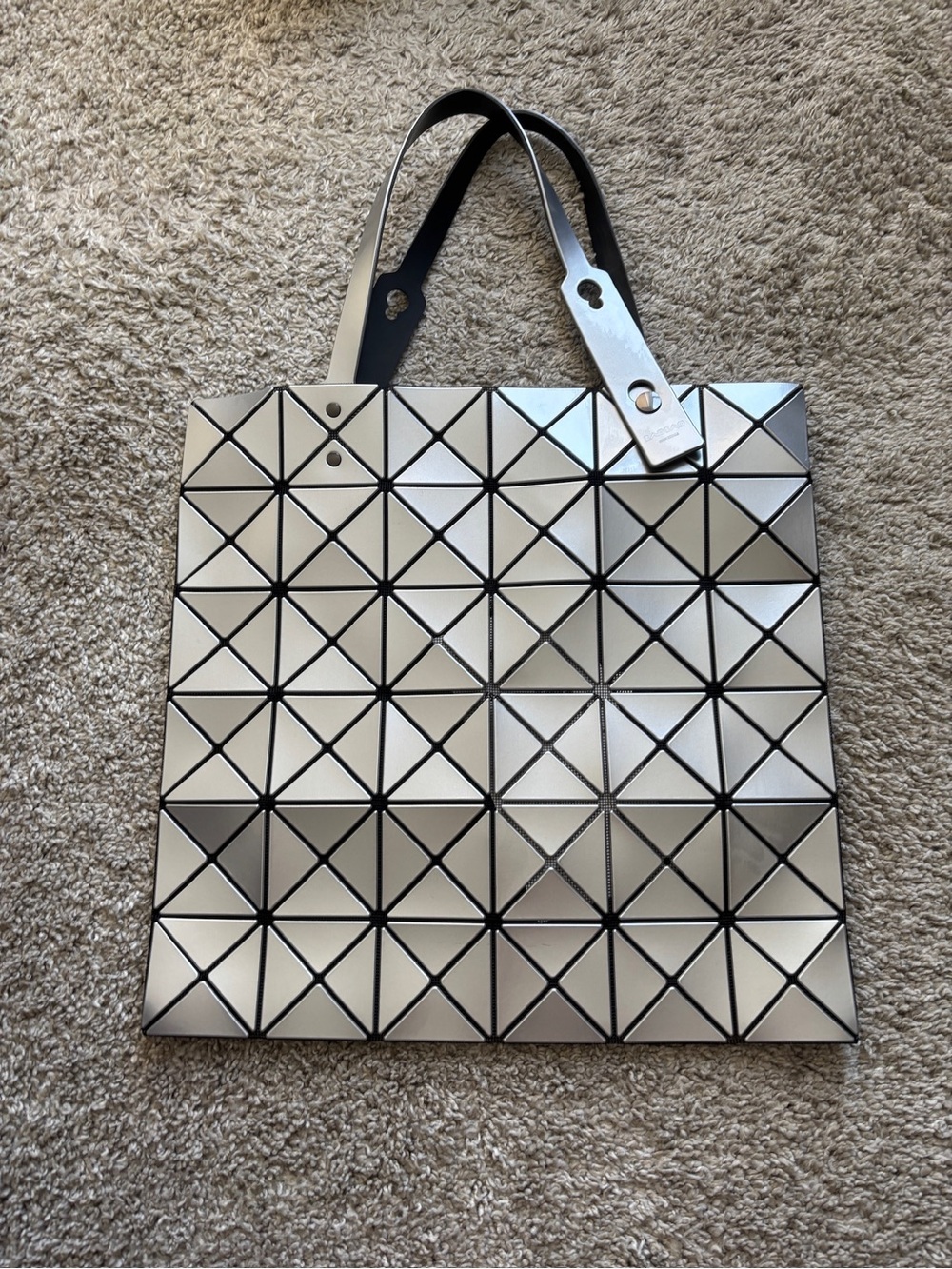 ISSEY MIYAKE Geometric Silver Tote Bag with Black Trim